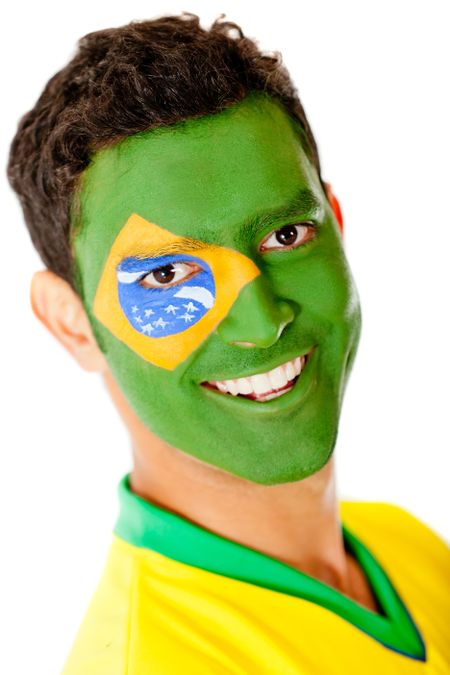 Man with flag of Brazil painted on his face - isolated over a white background