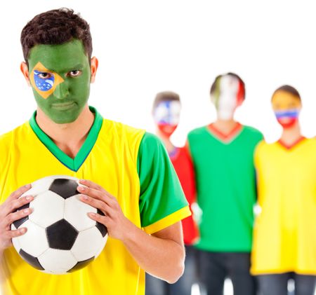 Brazilian football fan with a group of Latinamerican people