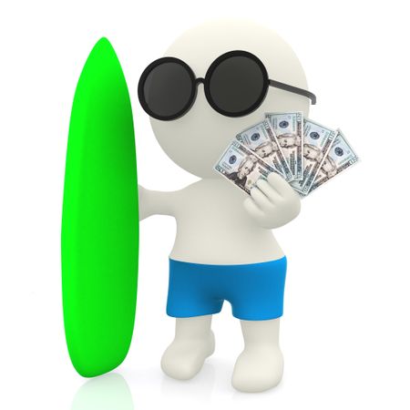 3D surfer with money - isolated over a white background