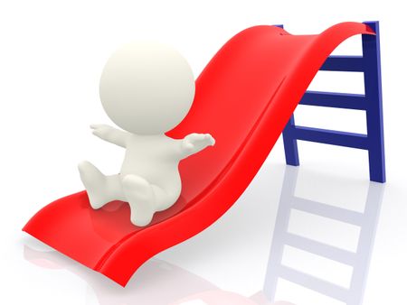 3D man playing on a slide - isolated over a white background