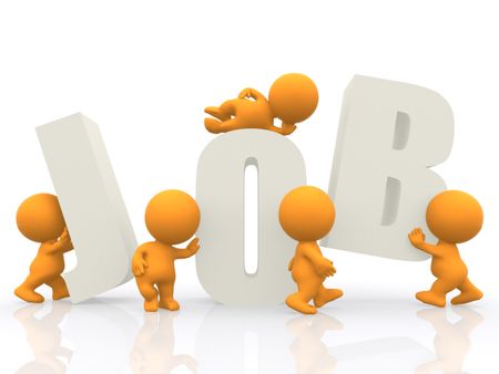 3D men finding letters of the word job - isolated over a white background