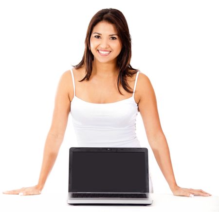 Woman with a laptop - isolated over a white background