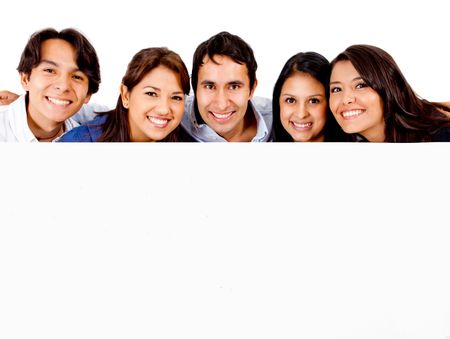 Group of people with a banner - isolated over a white background
