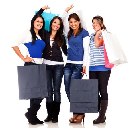 Group of shopping women with bags - isolated over white