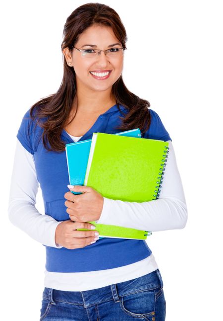 Female student holding notebooks and smiling - isolated