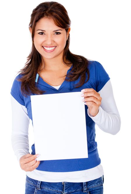 Happy woman holding a banner - isolated over a white background