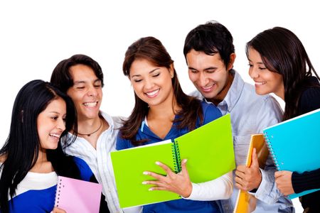 Happy group of students smiling - isolated over a white background