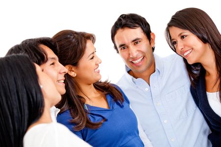 Happy group of people talking - isolated over a white background
