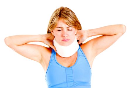 Woman in pain with a neck injury - isolated over a white background