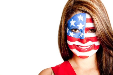 American woman with the USA flag painted on her face Ã?Â?Ã?Â� isolated