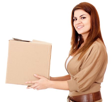 Woman delivering a package - isolated over a white background