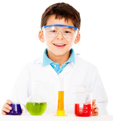 Scientist boy with test tubes - isolated over a white background