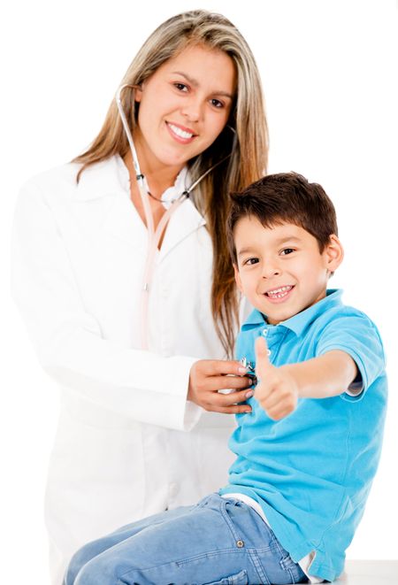Happy boy paying a visit to the doctor - isolated over a white background