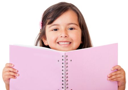 Girl holding a notebook isolated over white - education portraits