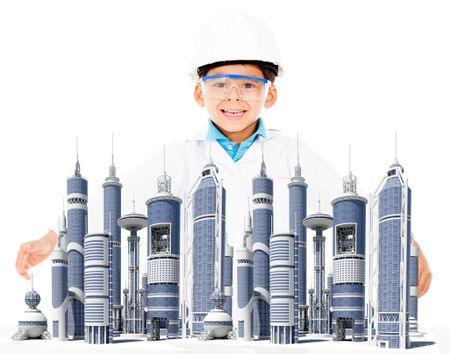 Boy with a modern city and a helmet - isolated over a white background