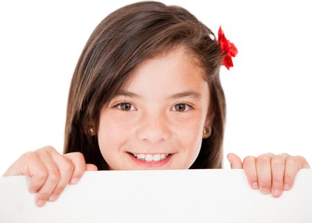 Girl holding a banner and smiling - isolated over a white background