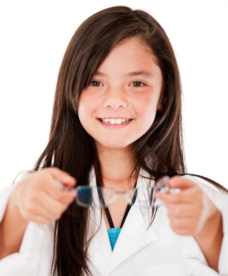 Young female optician holding glasses - isolated over white