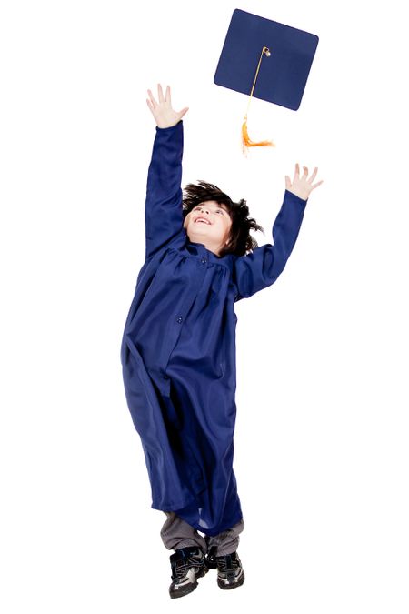 Boy throwing mortarboard - isolated over a white background