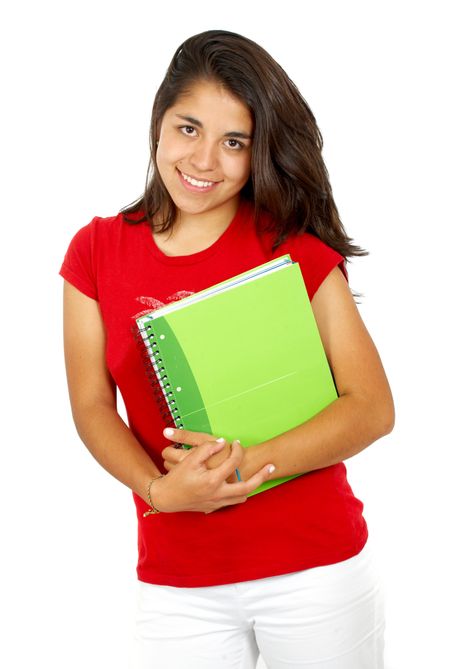 college student smiling and holding notebooks - isolated over a white background