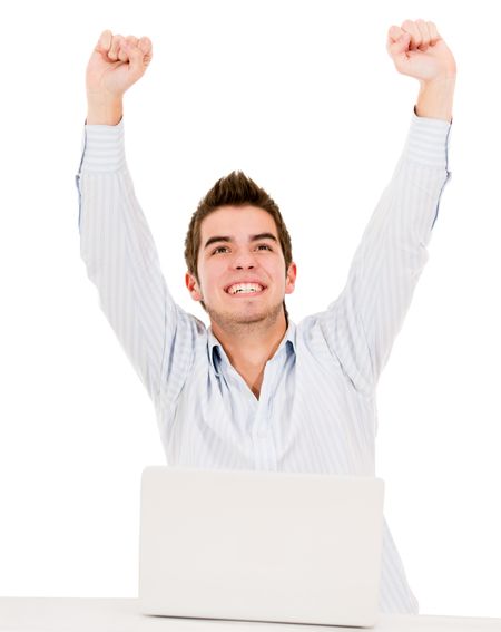 Man with arms up celebrating his online success - isolated over white