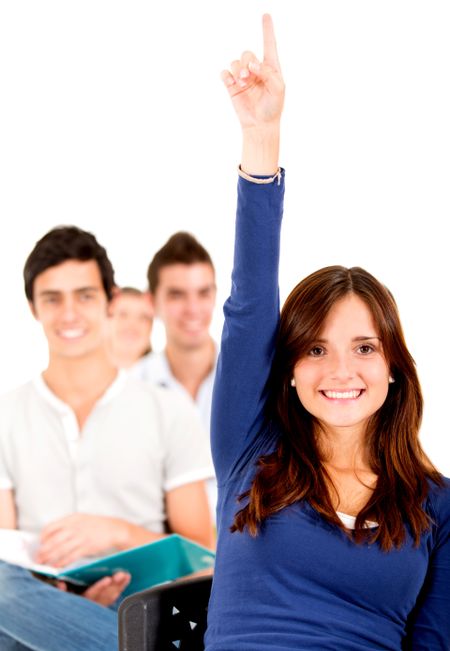 Female student in class raising hand - isolated over a white background