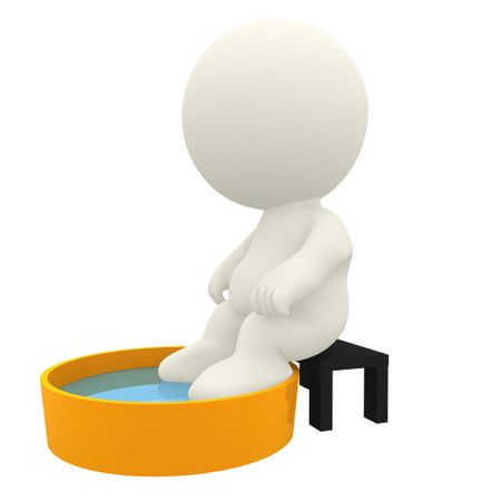3D character relaxing putting his feet in water - isolated over white