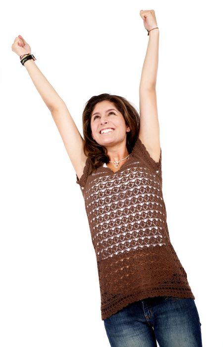 casual woman celebrating her success isolated over a white background