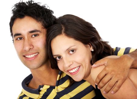 happy young couple smiling isolated over a white background