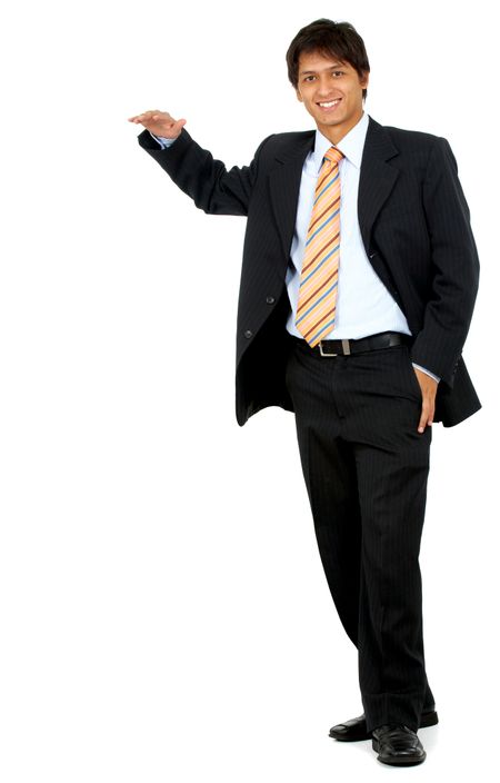 Business man with hand on something imaginary - isolated over a white background