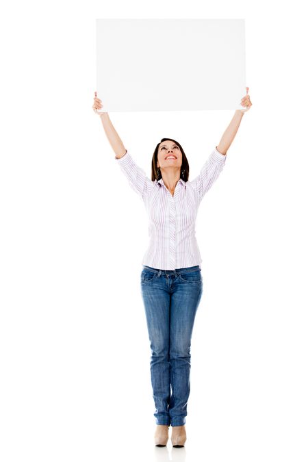 Woman holding a banner - isolated over a white background
