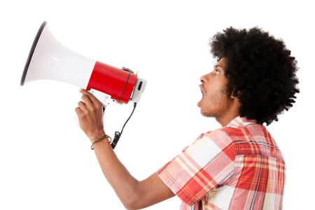 Afro man screaming with a megaphone - isolated over a white background