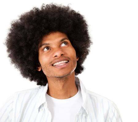 Thoughtful man with an afro - isolated over a white background