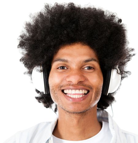Afro man listening to music with headphones - isolated over white