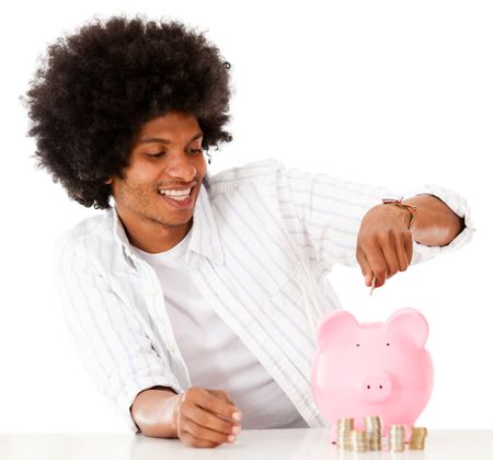 Black man saving money - isolated over a white background