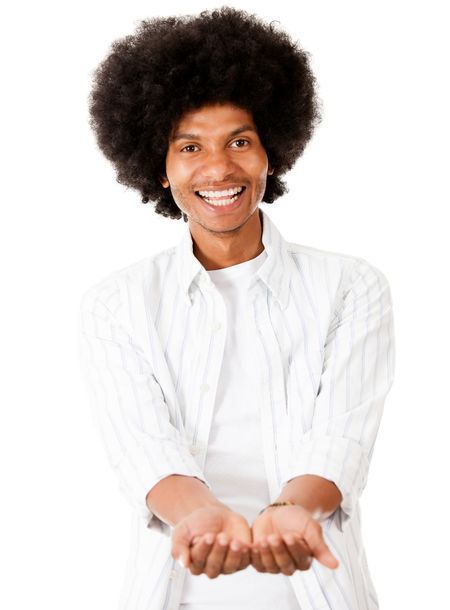 Black man holding something with his hands - isolated over a white background