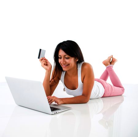 Woman shopping online - isolated over a white background