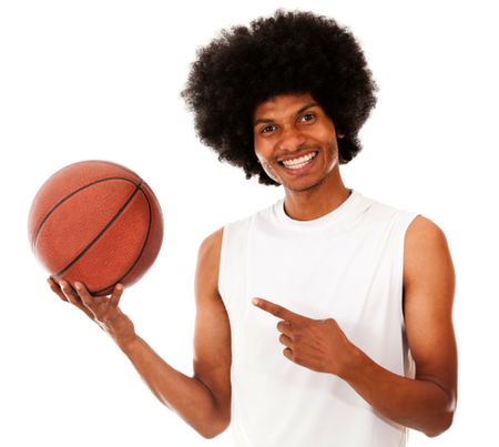 Basketball player holding ball - isolated over a white background