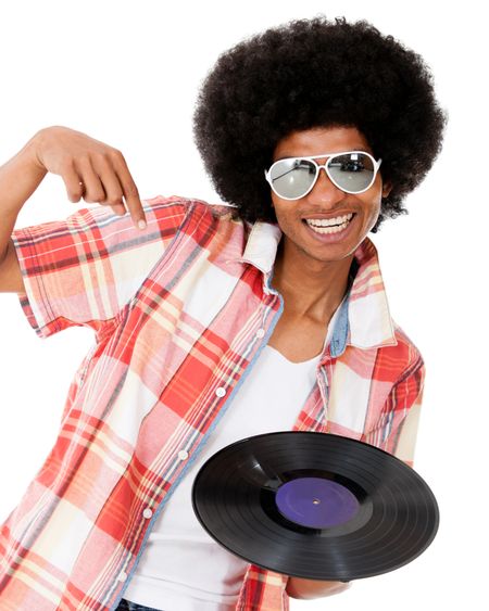 Happy DJ with a disco style - isolated over a white background