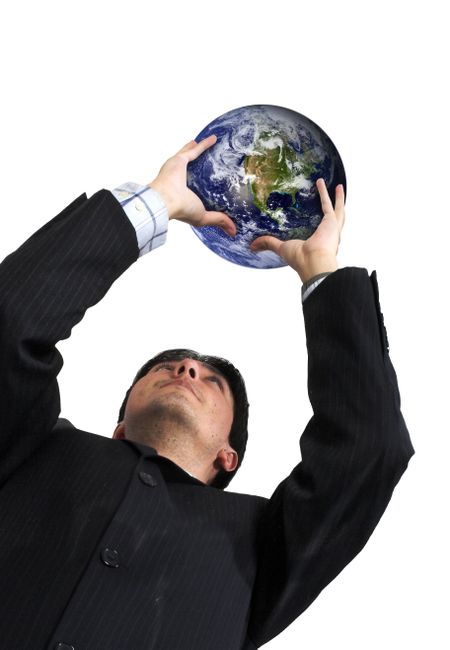 business man holding a globe up over a white background