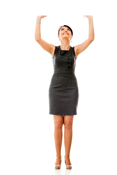 Business woman lifting something imaginary - isolated over a white background