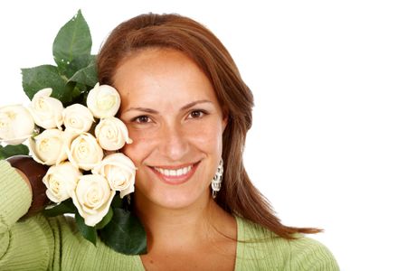 beautiful girl holding white roses and smiling isolated over a white background