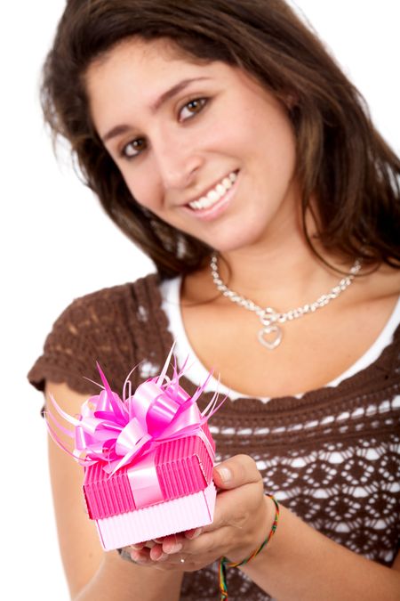 girl holding a gift box - isolated over a white background