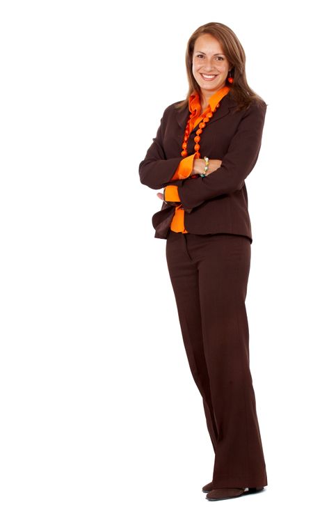 business woman standing wearing elegant clothes - isolated over a white background