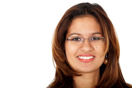 business woman portrait smiling wearing glasses isolated over a white background