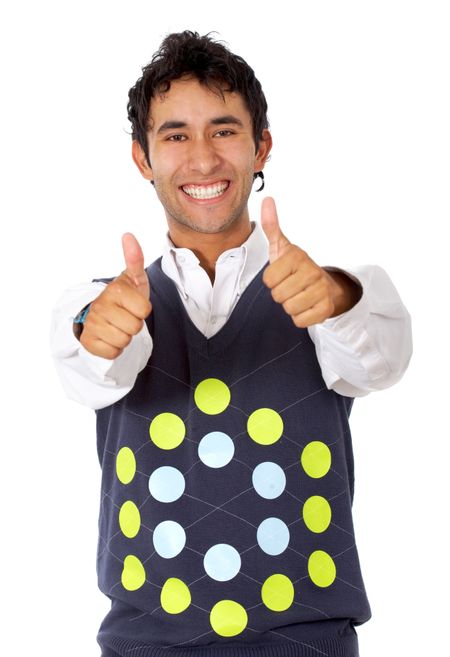 casual man doing the thumbs up sign isolated over a white background