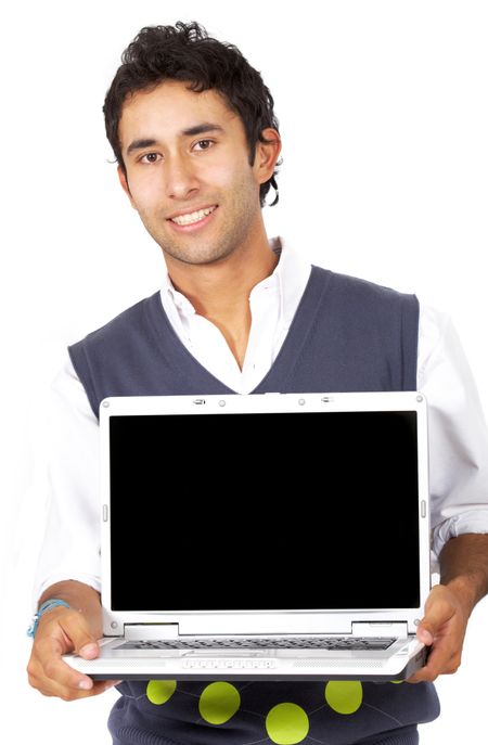 casual man with a laptop computer - isolated over white