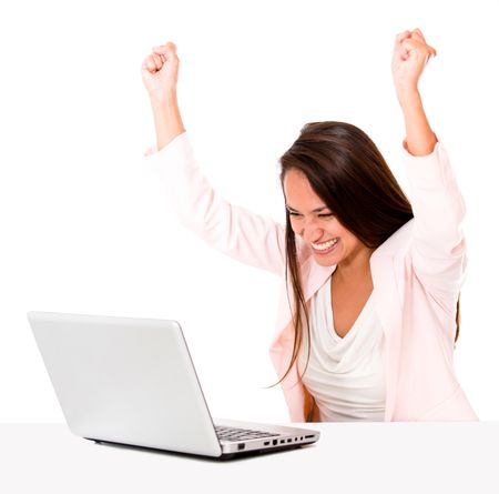 Business woman celebrating her online success - isolated over white