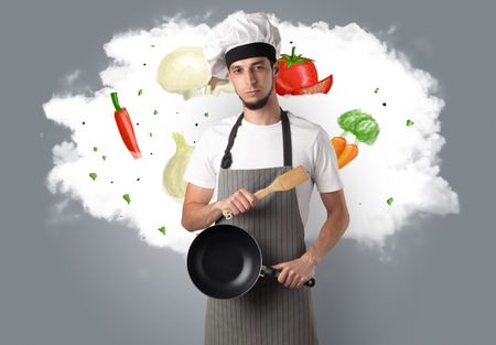 Drawn vegetables on cloud with male cook and kitchen tools