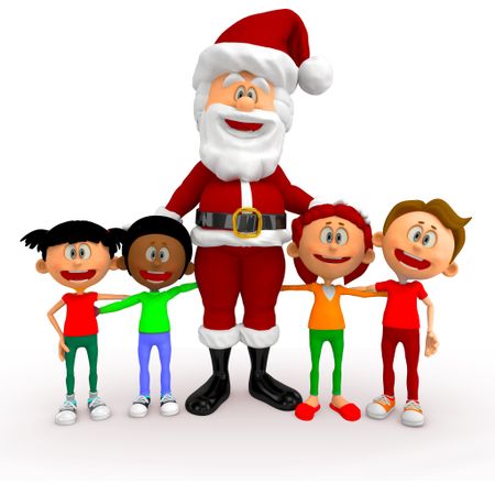 3D Santa with a group of kids at Christmas - isolated over white