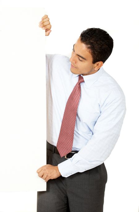 business man displaying a banner add isolated over a white background